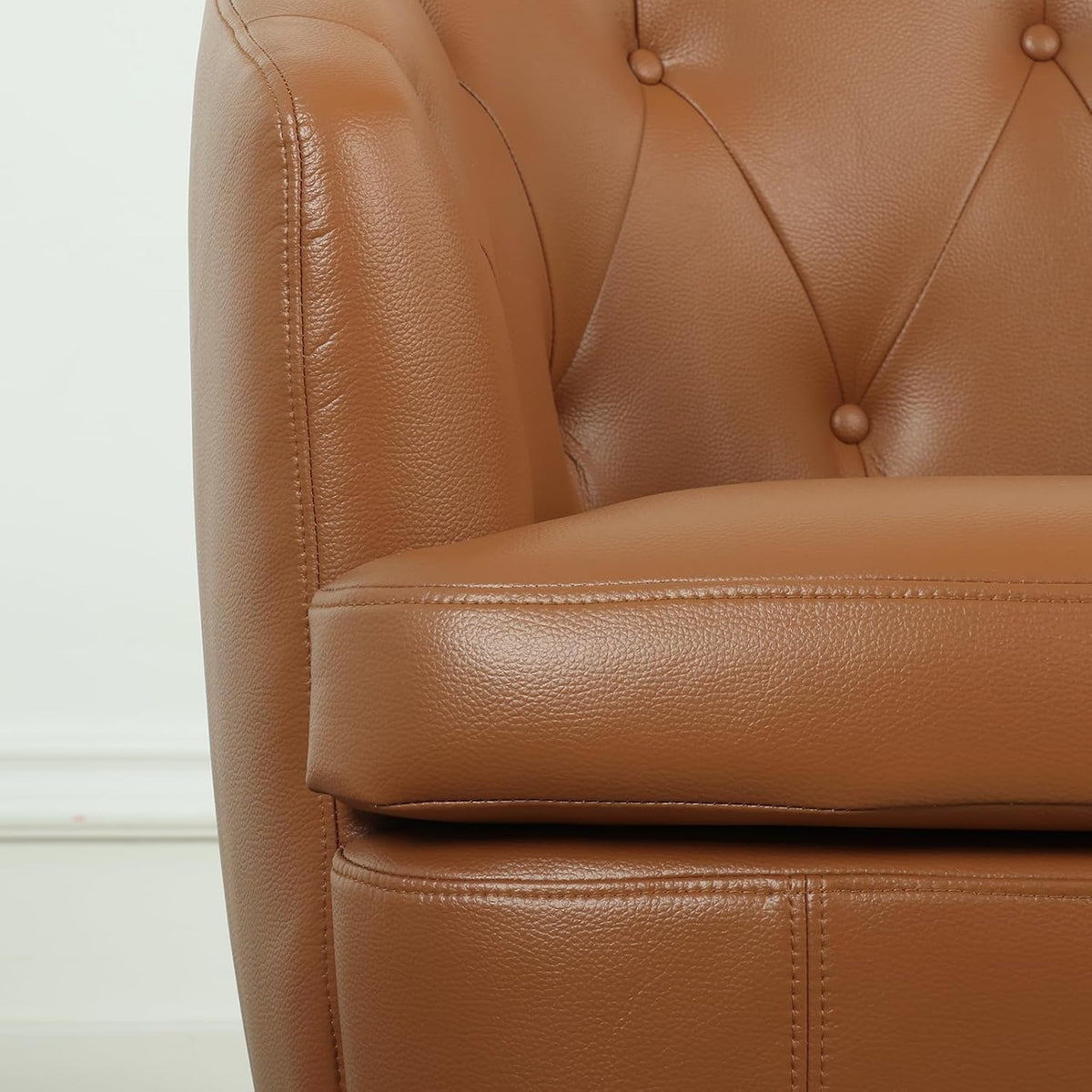 360° Swivel Leather Accent Chair, Modern Barrel Club Chair with Leather Upholstery and Sturdy Base