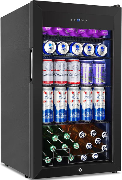 128 Cans Beverage Refrigerator Cooler, 3.2 Cu.Ft Mini Drink Fridge Glass Door for Drink Beer Soda