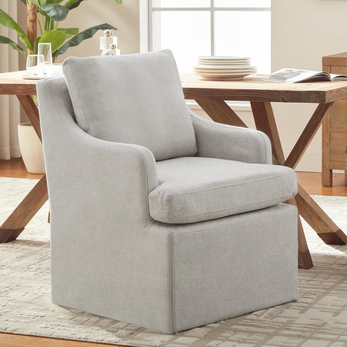 VKNOW Upholstered Dining Chairs Set of 2, Modern Kitchen Chairs Dinner Chairs with 4 Casters, Linen