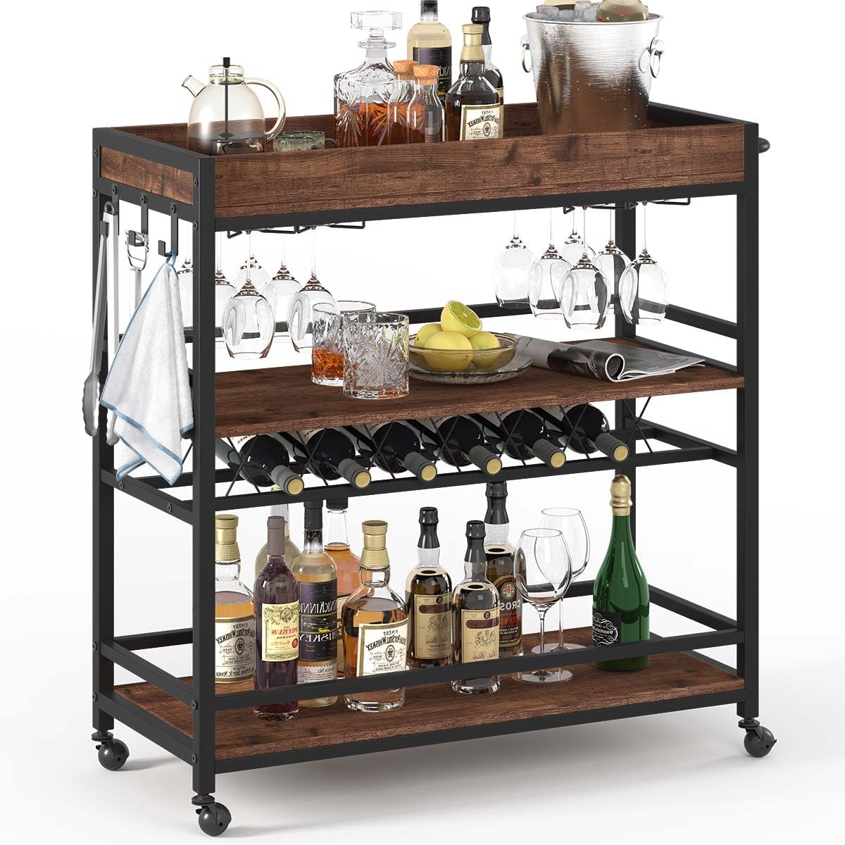BON AUGURE Bar Cart for The Home, Rolling Home Bar Serving Cart on Wheels, 3 Tier Liquor Beverage