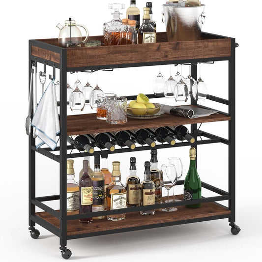 BON AUGURE Bar Cart for The Home, Rolling Home Bar Serving Cart on Wheels, 3 Tier Liquor Beverage