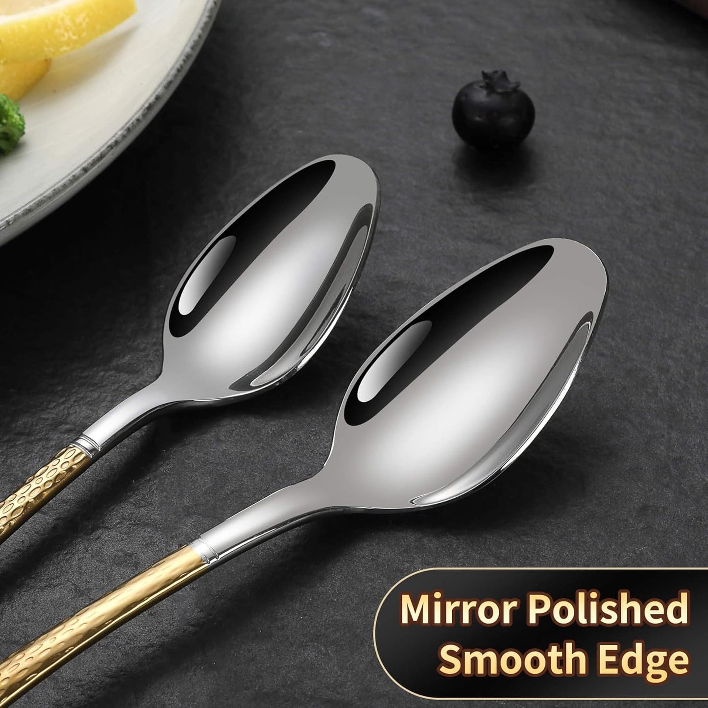 Hammered Silver Gold Silverware Set for 8,Stainless Steel 40-Piece Modern Cutlery Set,Mirror