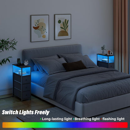 TUTOTAK Narrow LED Night Stand with Charging Station, Slim End Table with Plugins, Tall Side Table