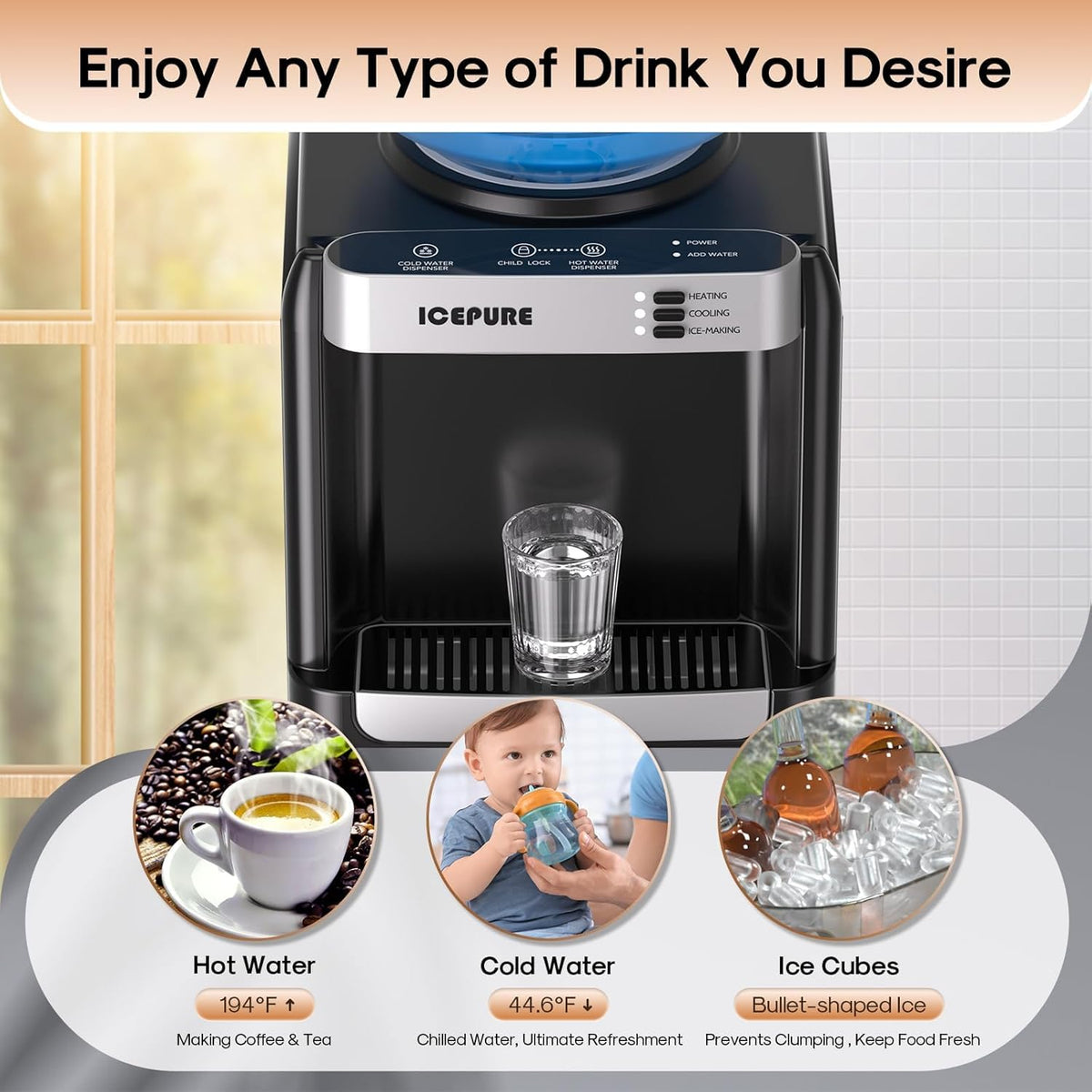 ICEPURE 3-in-1 Water Dispenser with Ice Maker, Water Cooler Dispenser for 5 Gallon Bottle Built-in