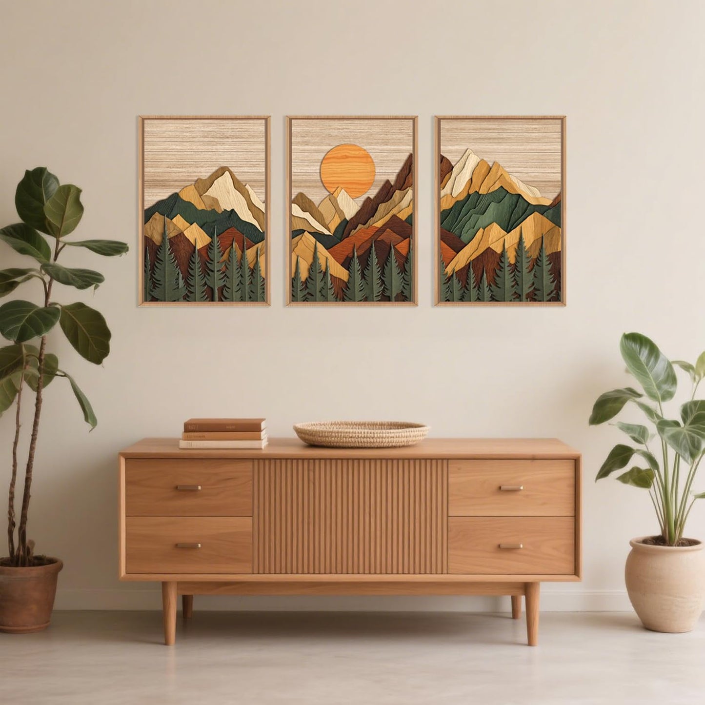 Celestdeco Woodcut Style Mountain Framed Canvas Wall Art Set, Large Brown Ridge Wall Decor, Boho