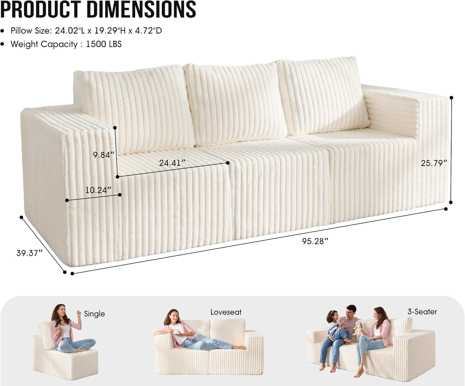 Modular Sectional Sofa 3-Seater Modular Couch with Deep Seat Memory Foam Cloud Chair with Pillows