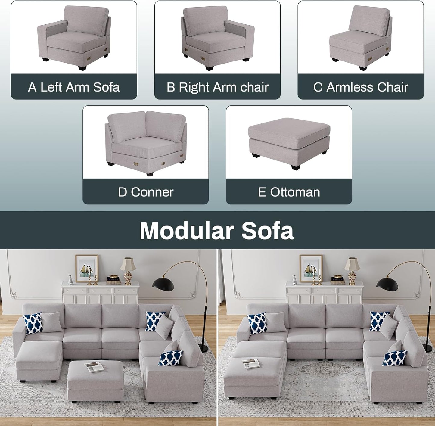 L Lengend Vansen Modular Sectional Sofa U Shaped Couch with Ottoman Modern Reversible Corner