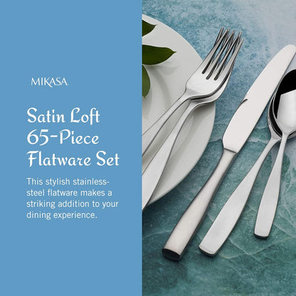 Mikasa Satin Loft 65-Piece Flatware Set for 12, 18/10 Stainless Steel Silverware with Forks