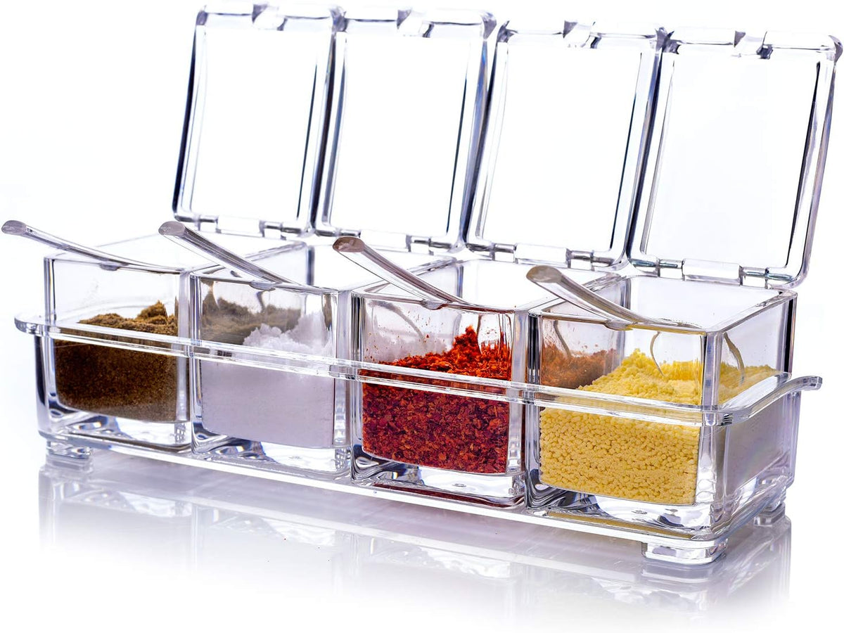 ME.FAN Clear Seasoning Rack Spice Pots - 4 Piece Acrylic Seasoning Box - Storage Container