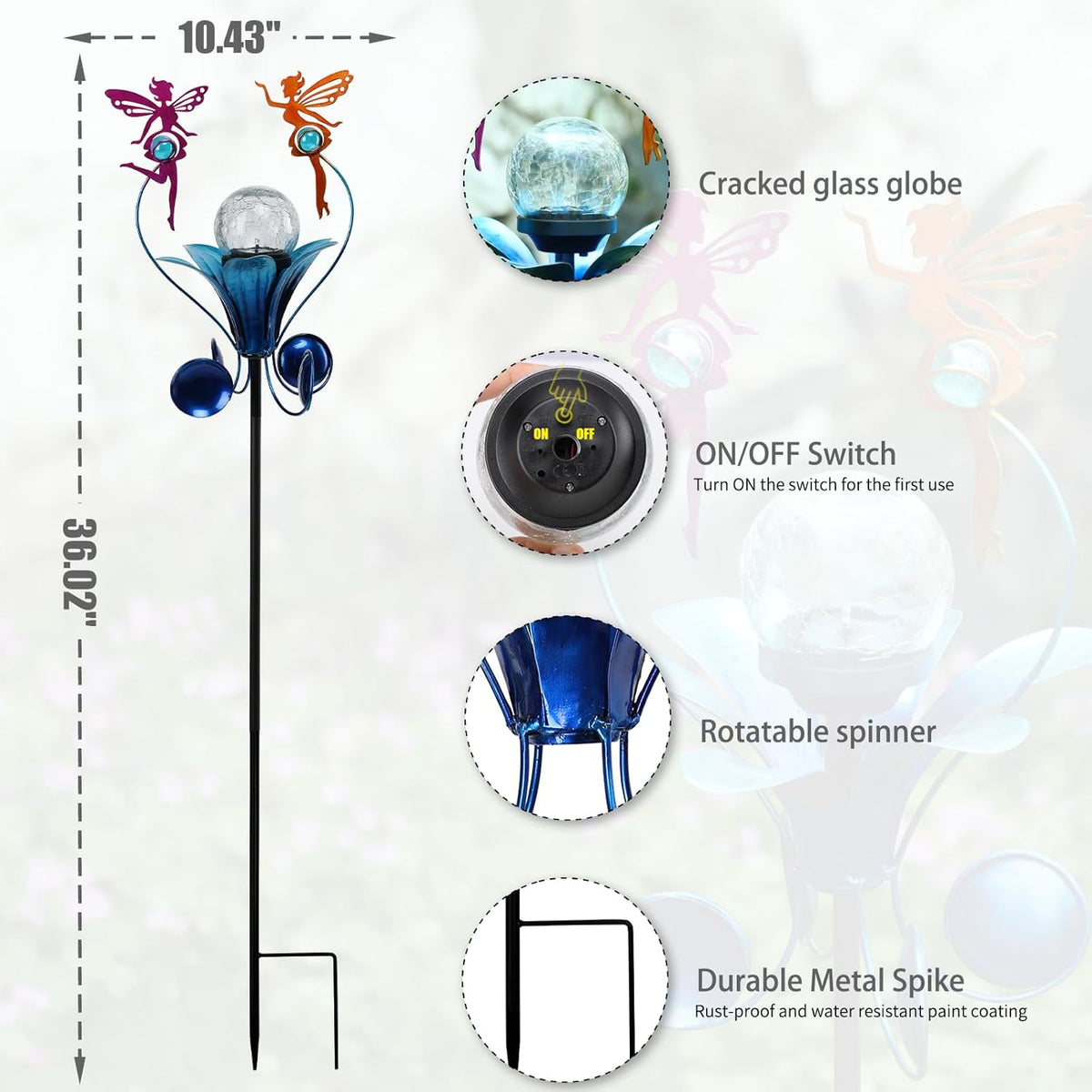 VCUTEKA Solar Lights Outdoor Metal Garden Stake Waterproof Crackle Glass Globe Garden Decor Fairy
