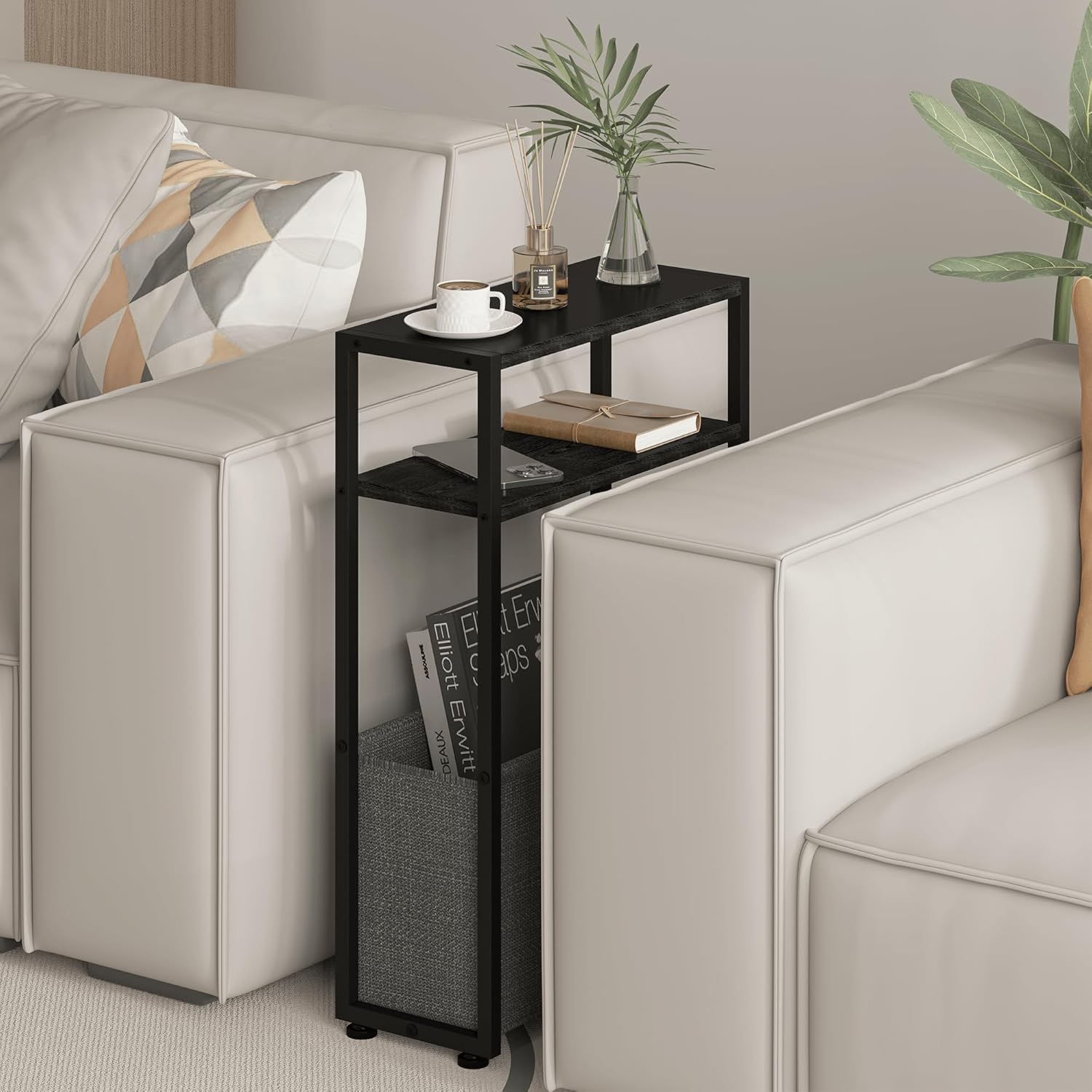 Narrow Side Table, Slim End Tables with Fabric Basket, Skinny Table for Small Spaces, Thin Bedside