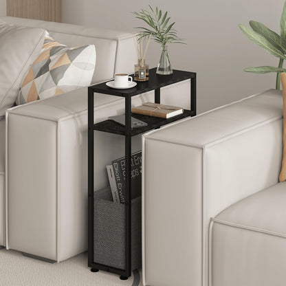Narrow Side Table, Slim End Tables with Fabric Basket, Skinny Table for Small Spaces, Thin Bedside