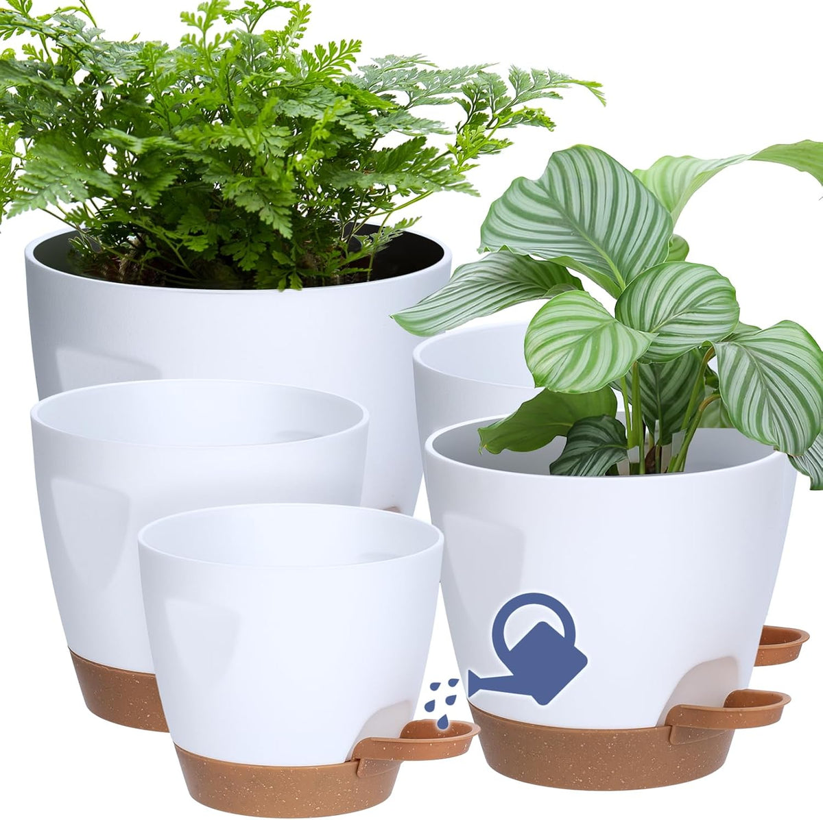 Uneed Indoor Self Watering Planters with Drainage Holes and Saucers, 7/6.5/6/5.5/5 Inch-5 Pots,for