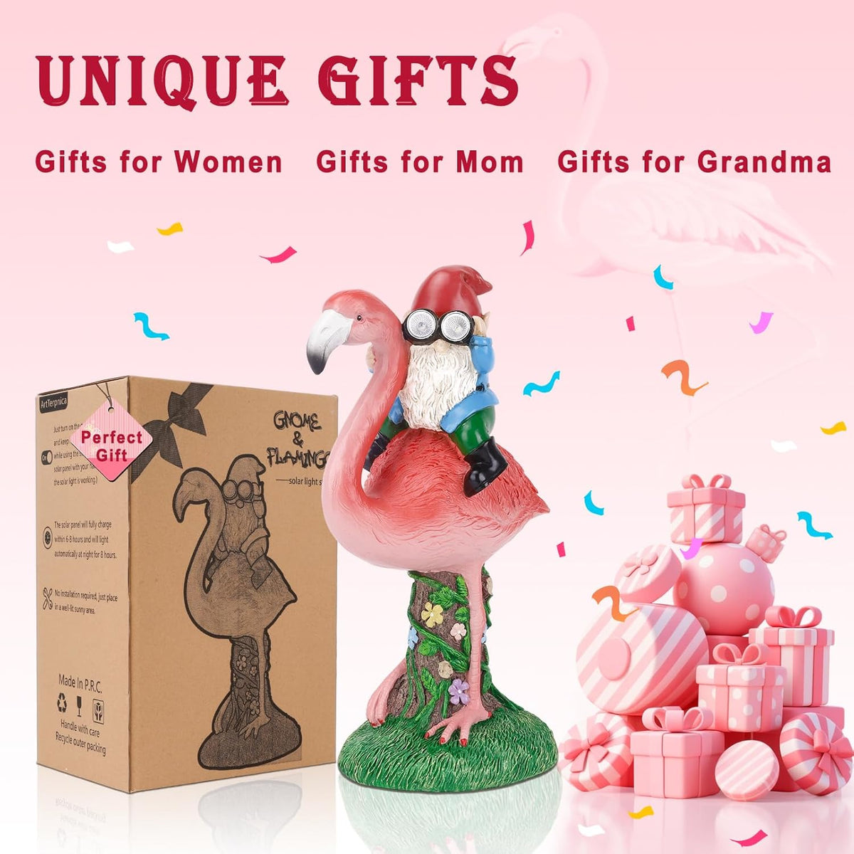 Solar Flamingo Gnome Garden Decor Statue, Outdoor Funny Solar Light Decoration for Yard, Patio