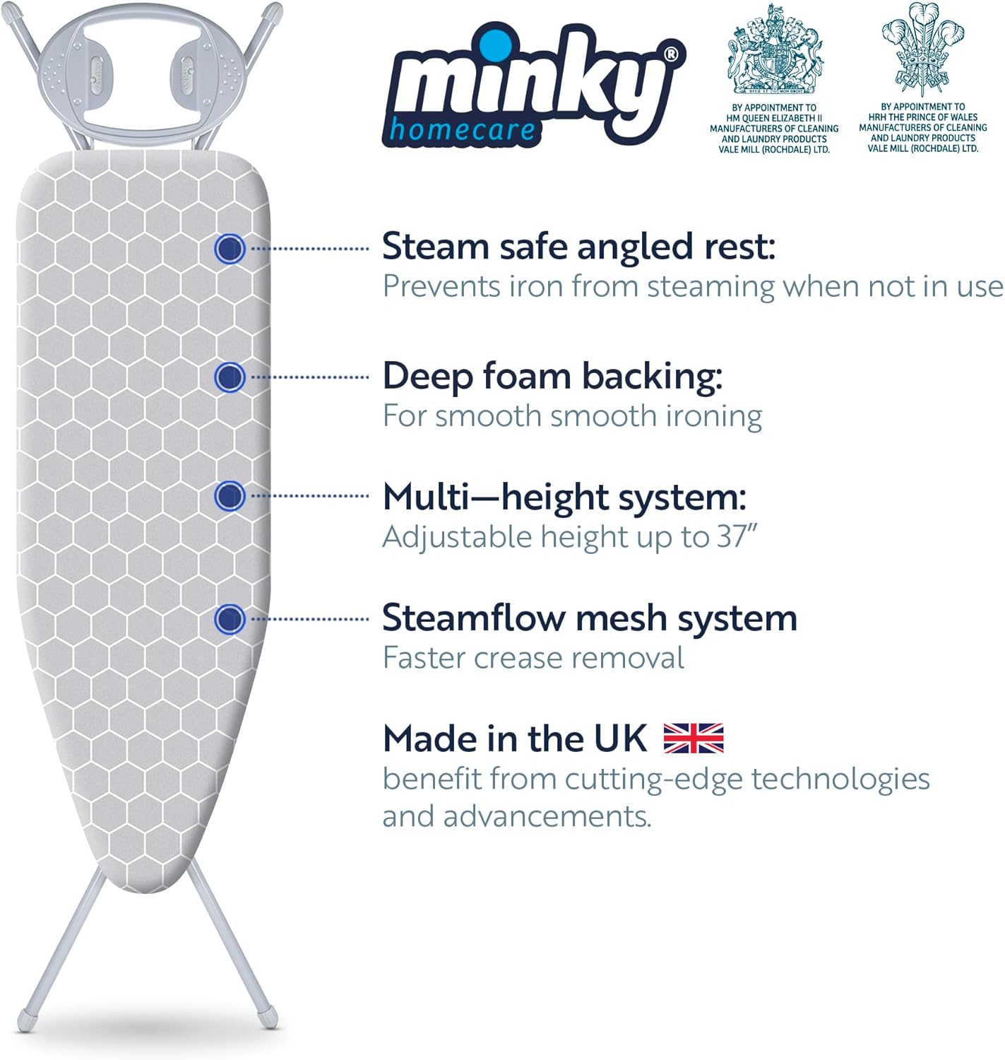 Minky Homecare Classic 4-Leg Ironing Board with Iron Rest - Freestanding Full Size Iron Board for