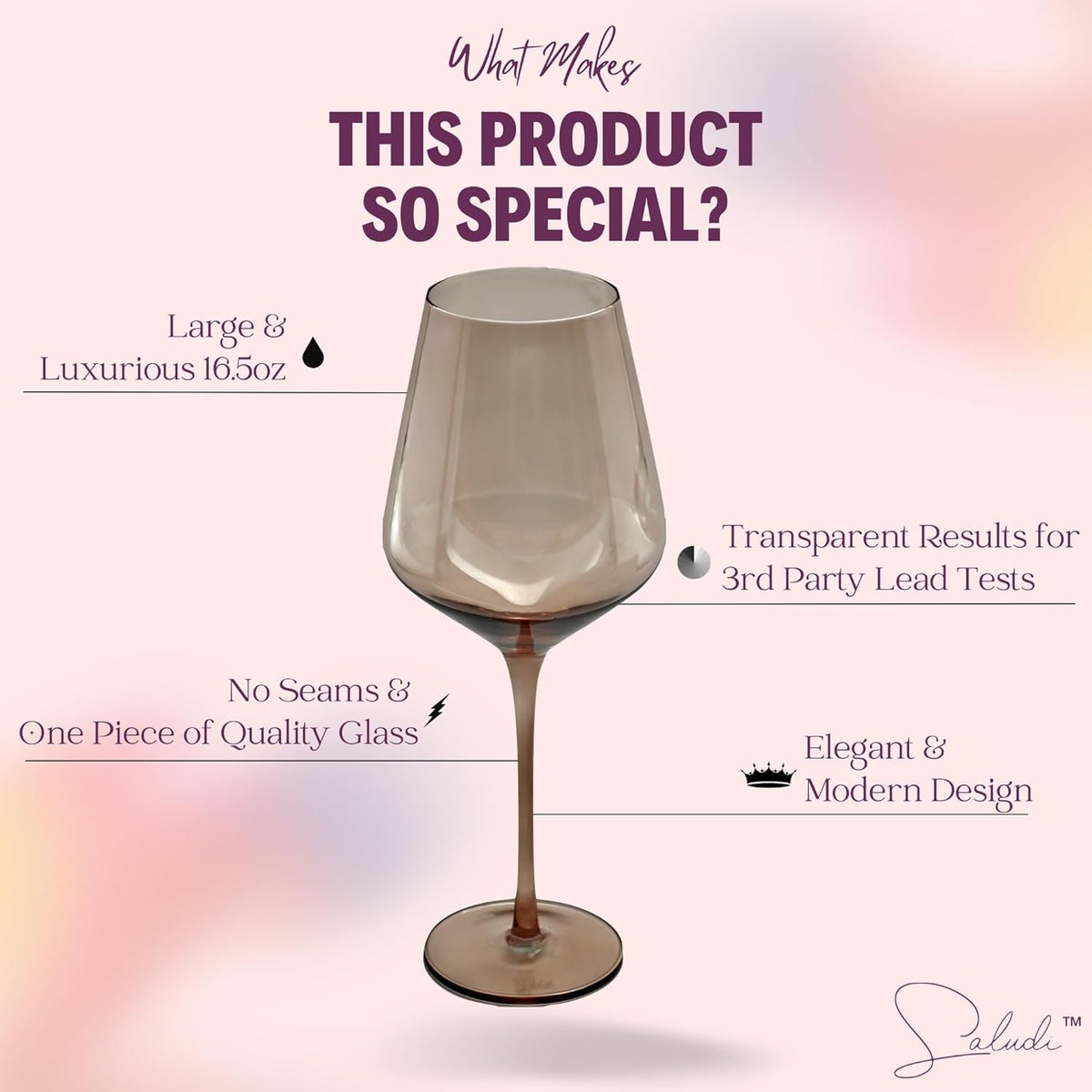 Saludi Colored Wine Glasses, 16.5oz (Set of 6) Stemmed Multi-Color Glass - Great for all Wine Types