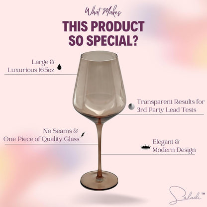 Saludi Colored Wine Glasses, 16.5oz (Set of 6) Stemmed Multi-Color Glass - Great for all Wine Types
