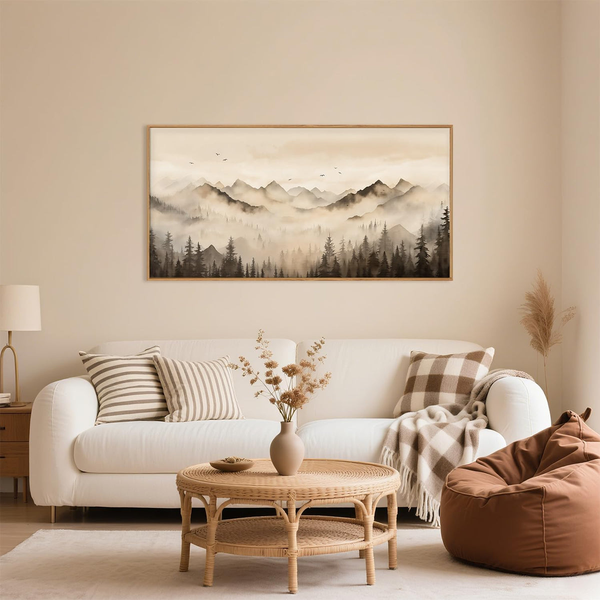 Nature Misty Forest Framed Canvas Wall Art Set, Foggy Landscape Wall Decor, Watercolor Pine Tree