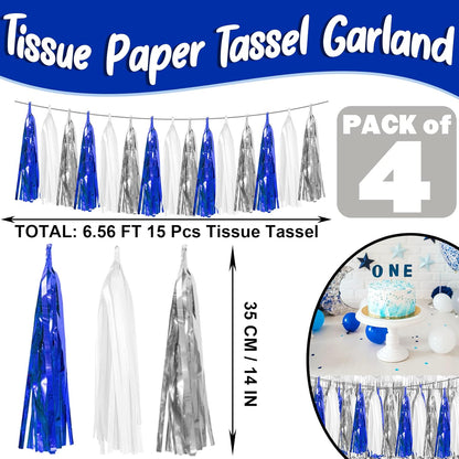 4P Navy-Blue White-Silver Foil Fringe Metallic Tassel Garland Banner, Tassels Banner Streamers for