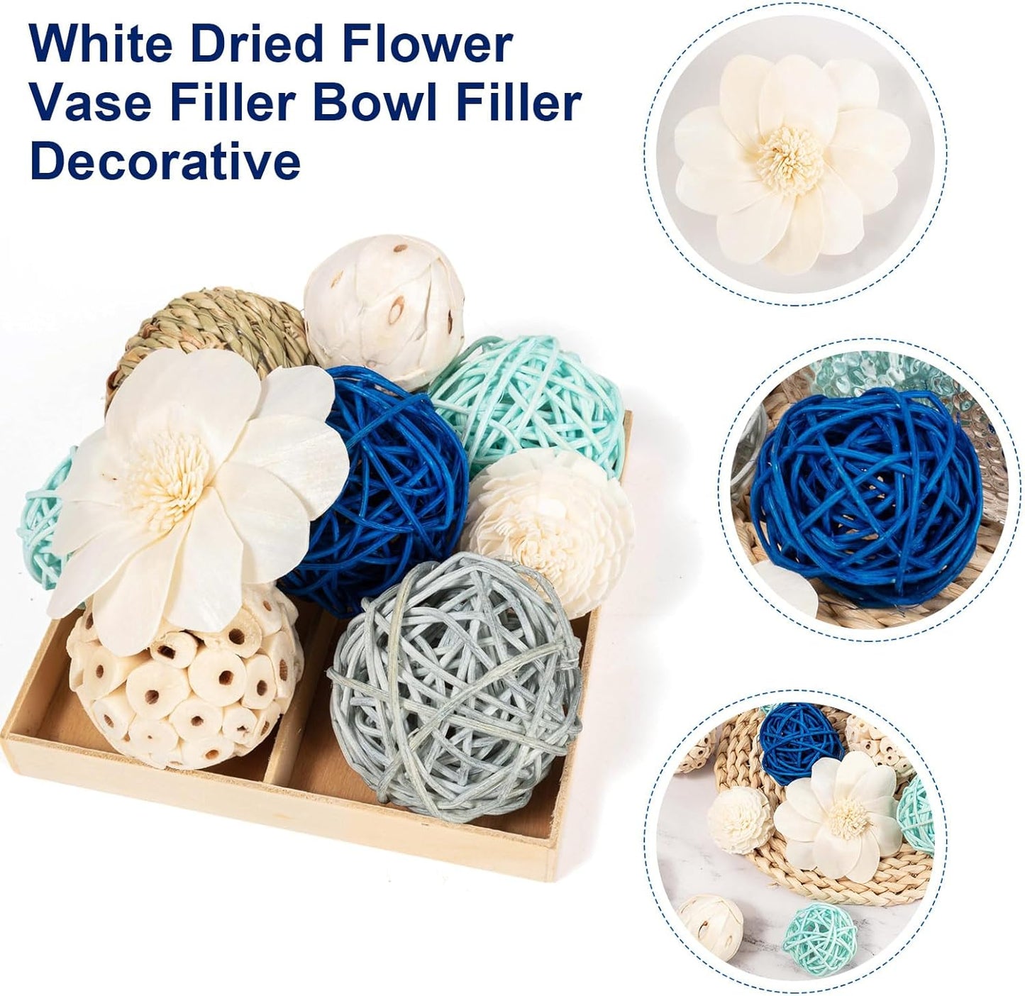 15Pcs Blue and White Decorative Balls for Potpourri Bowl Filler, Bowl Filler for Table Centerpiece