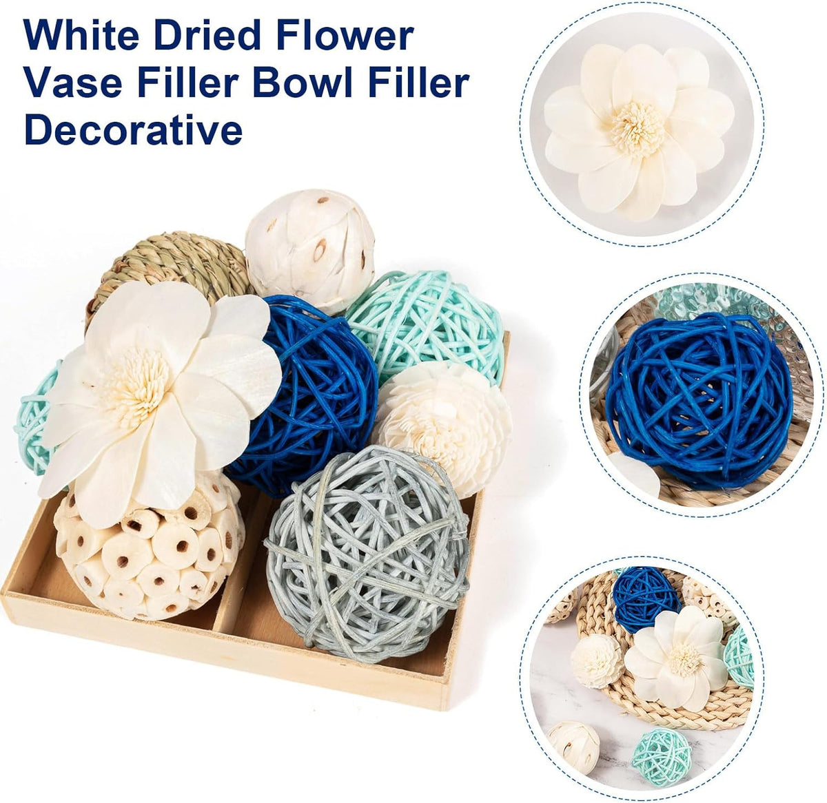 15Pcs Blue and White Decorative Balls for Potpourri Bowl Filler, Bowl Filler for Table Centerpiece
