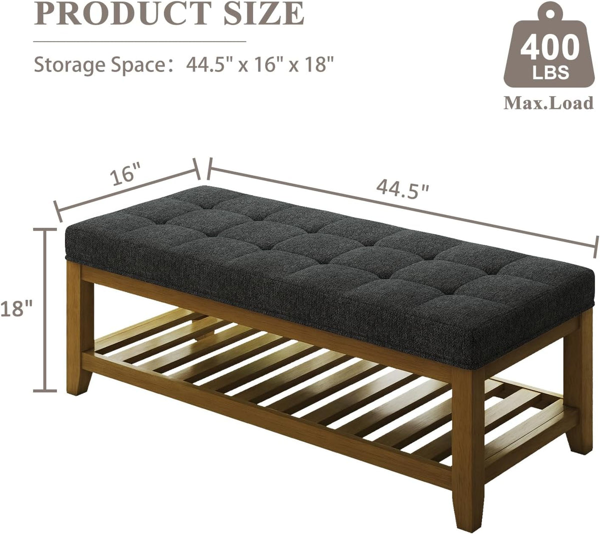 Large Rectangular Upholstered Ottoman Bench, Linen Tufted Footrest Ottoman with Solid Wood Shelf