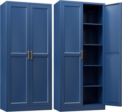 Kitchen Pantry Cabinet,71”Blue Metal Pantry Storage Cabinets with Doors and 4 Adjustable