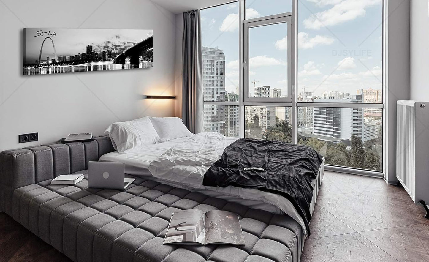 DJSYLIFE Panoramic St. Louis Skyline Wall Art Cityscape Picture Black and White Canvas Print Night
