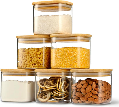 22oz Airtight Square Spice Containers with Bamboo Lid Set of 6 (650ml) Kitchen Pantry Organization