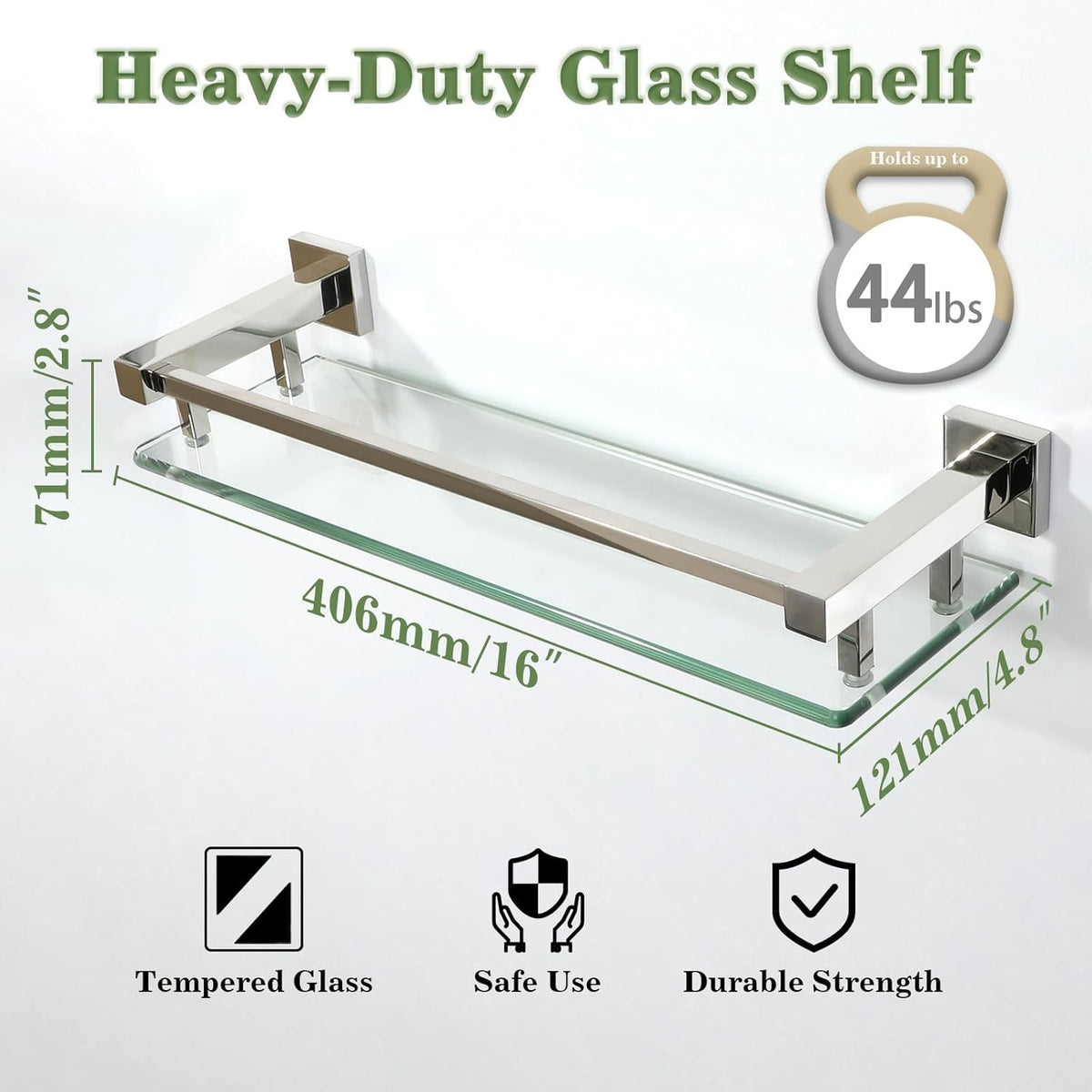 Alise Bathroom Glass Shelf with Stainless Steel Railing, Polished Chrome Small Tempered Glass