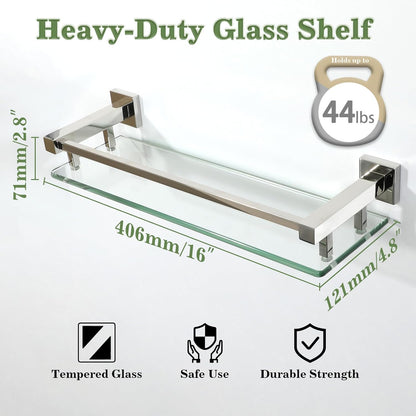 Alise Bathroom Glass Shelf with Stainless Steel Railing, Polished Chrome Small Tempered Glass