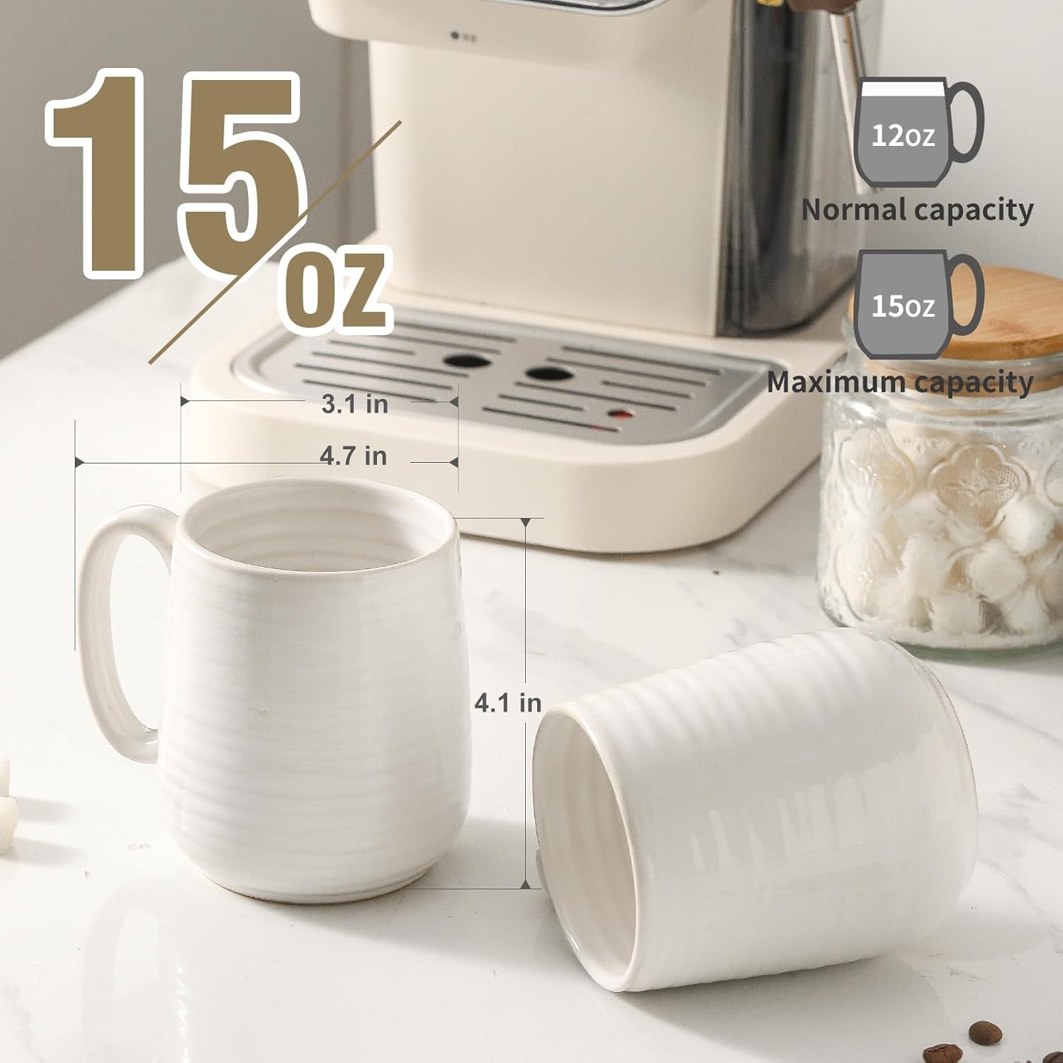 Hasense Coffee Mugs Set of 4, 15 Ounce Porcelain Latte Mug Set with Handle for Morning Coffee Tea