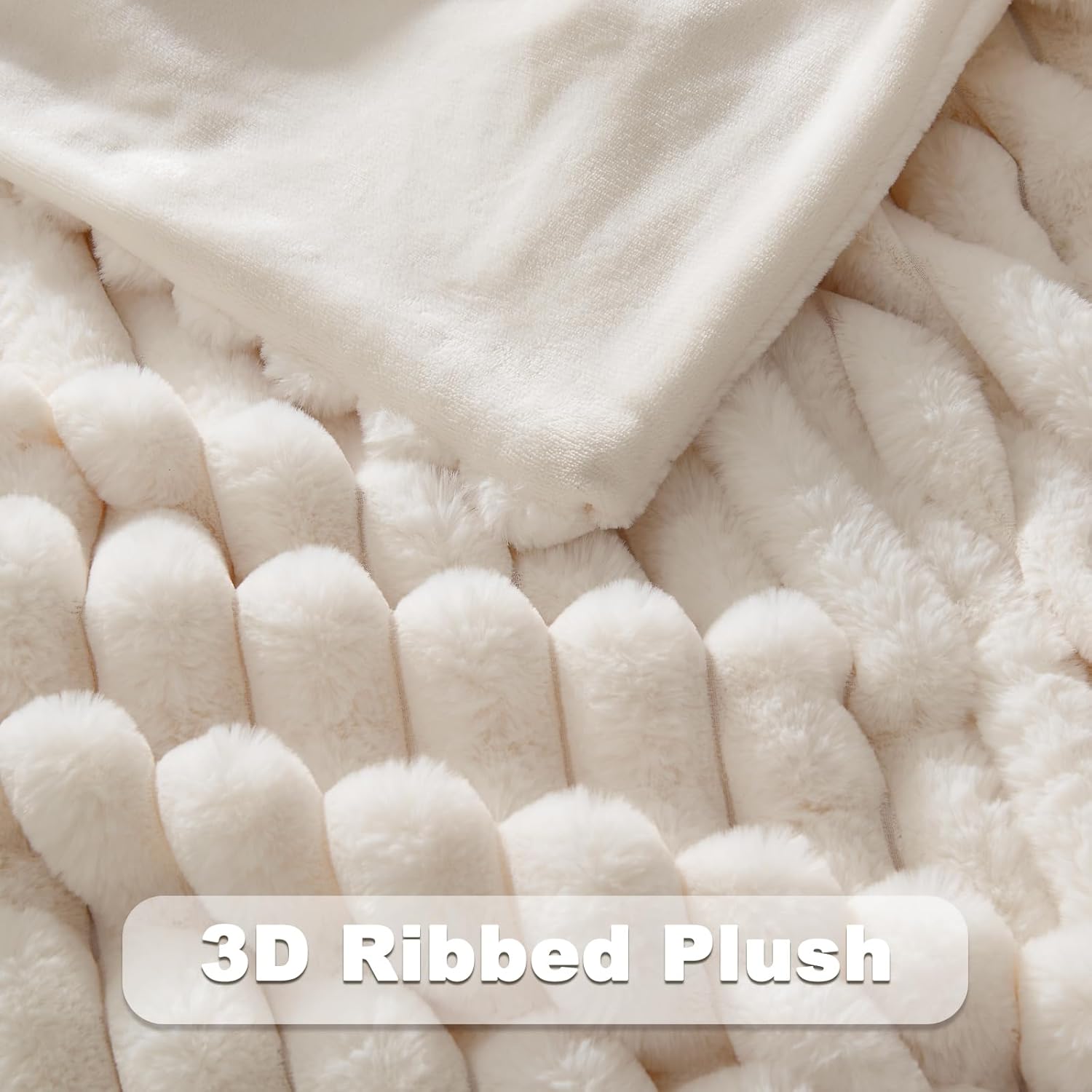NEWCOSPLAY Faux Fur Throw Blanket Ivory 3D Ribbed Plush Thick Warm Blanket for Couch Sofa Bed