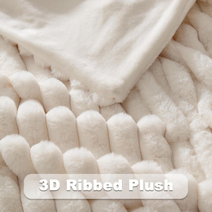 NEWCOSPLAY Faux Fur Throw Blanket Ivory 3D Ribbed Plush Thick Warm Blanket for Couch Sofa Bed