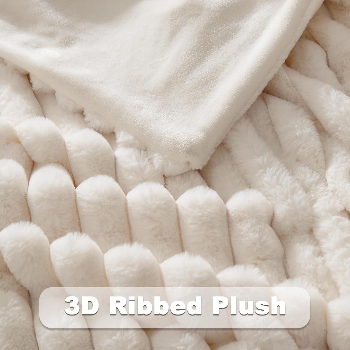 NEWCOSPLAY Faux Fur Twin Blanket Ivory 3D Ribbed Plush Thick Warm Blanket for Couch Sofa Bed 850GSM