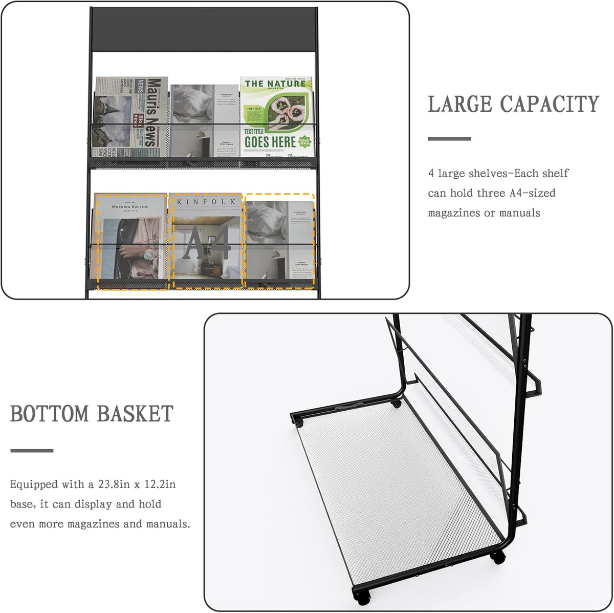 TONGMO Magazine Rack: Floor-Standing 4-Layer with Wheels, Brochure Display Stand, High-hardness