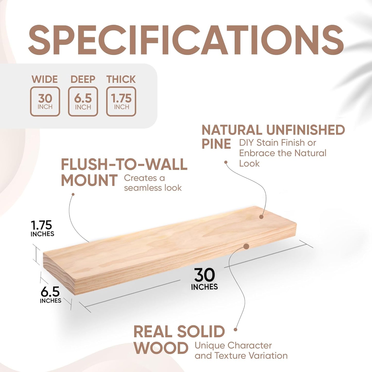 Homeforia 30 inch Wood Floating Shelves, High End Solid Natural Wood 30inch Floating Shelf for