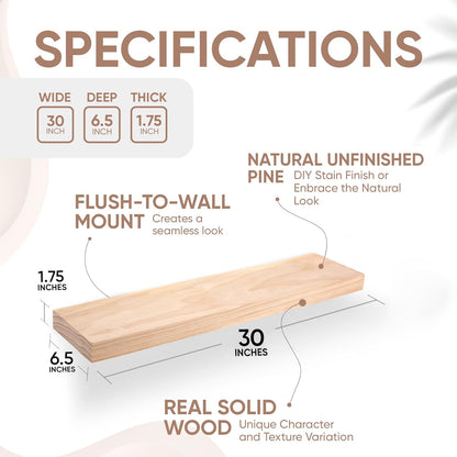 Homeforia 30 inch Wood Floating Shelves, High End Solid Natural Wood 30inch Floating Shelf for
