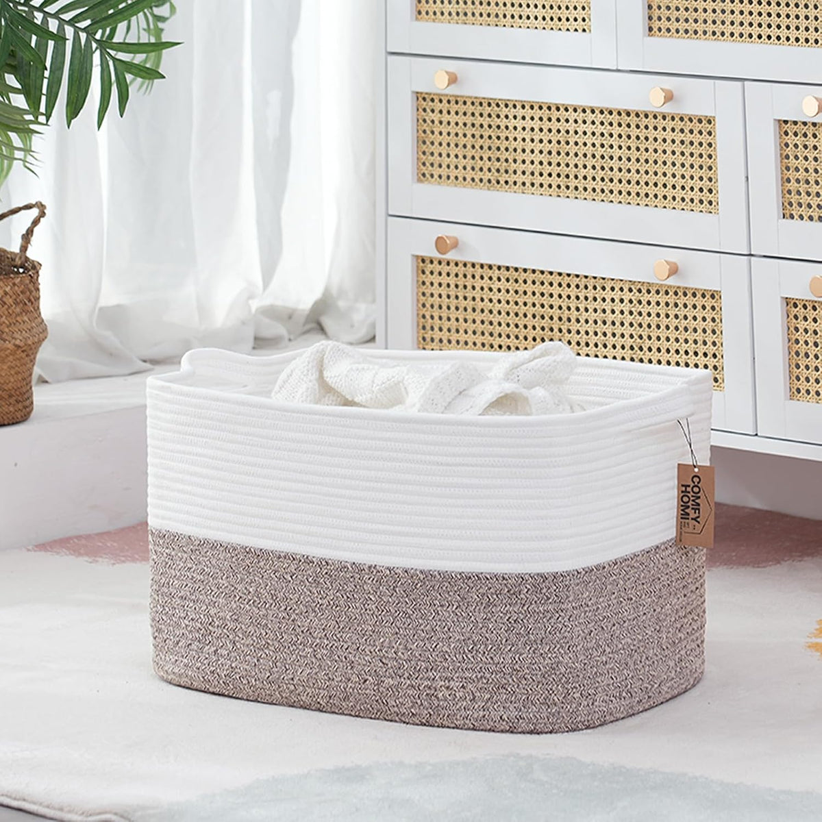 COMFY-HOMI Large Laundry for Organizing|Rectangle Cotton Rope Storage with Handles|Blanket for