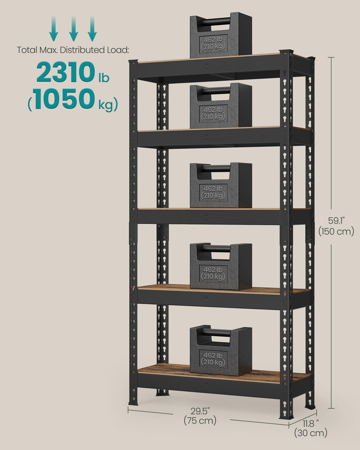 SONGMICS 5-Tier Storage Shelves, Load 2310 lb, Garage Storage, Boltless Assembly, Adjustable