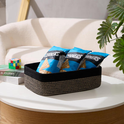Large Shallow Organizing Baskets 15x11x5.1 Inches - Rope Woven Storage Bins for Bathroom, Shelves