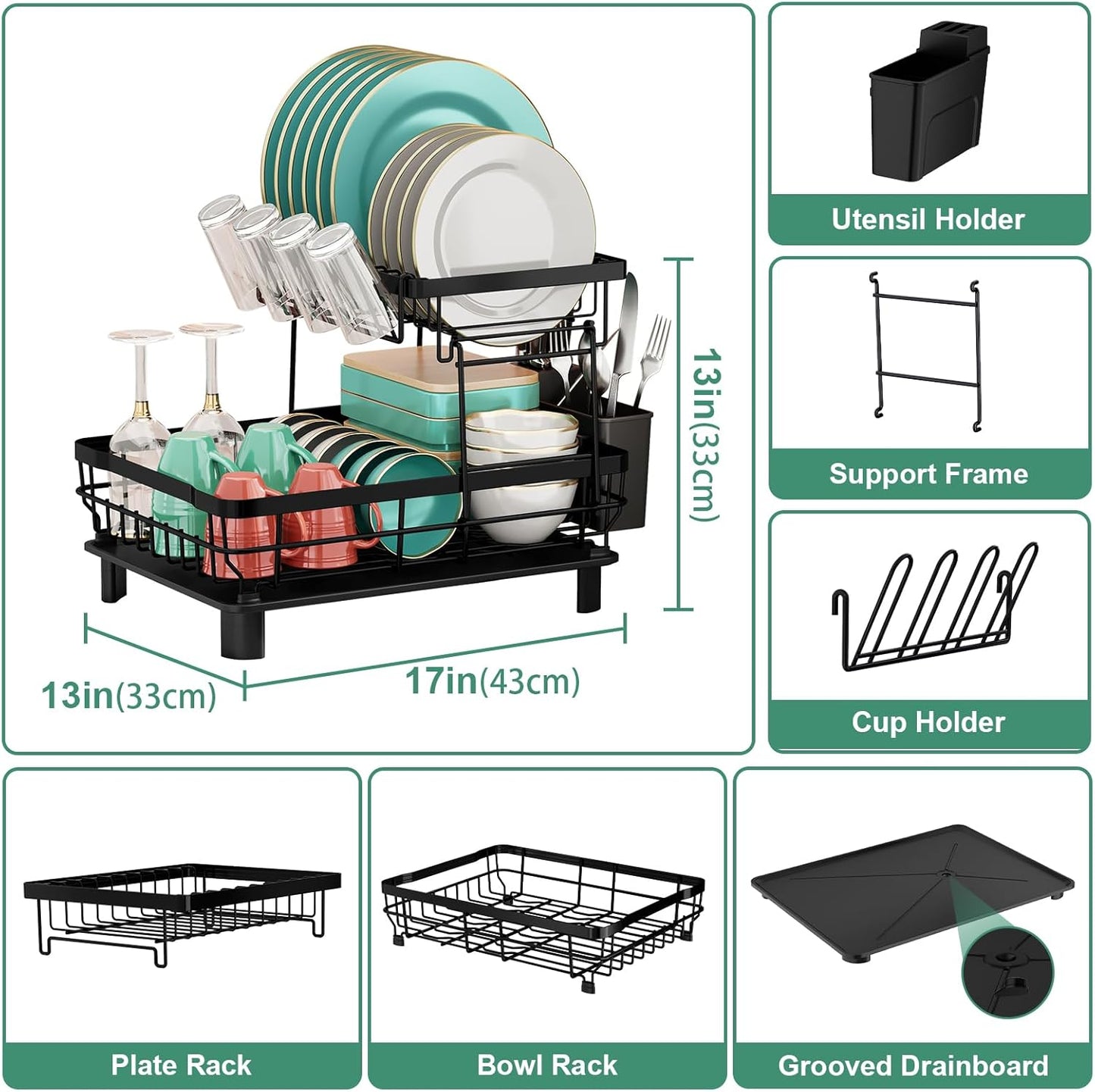 MOUKABAL Dish Drying Rack, 2 Tier Dish Rack, Large Dish Racks for Kitchen Counter, Dish Drainer