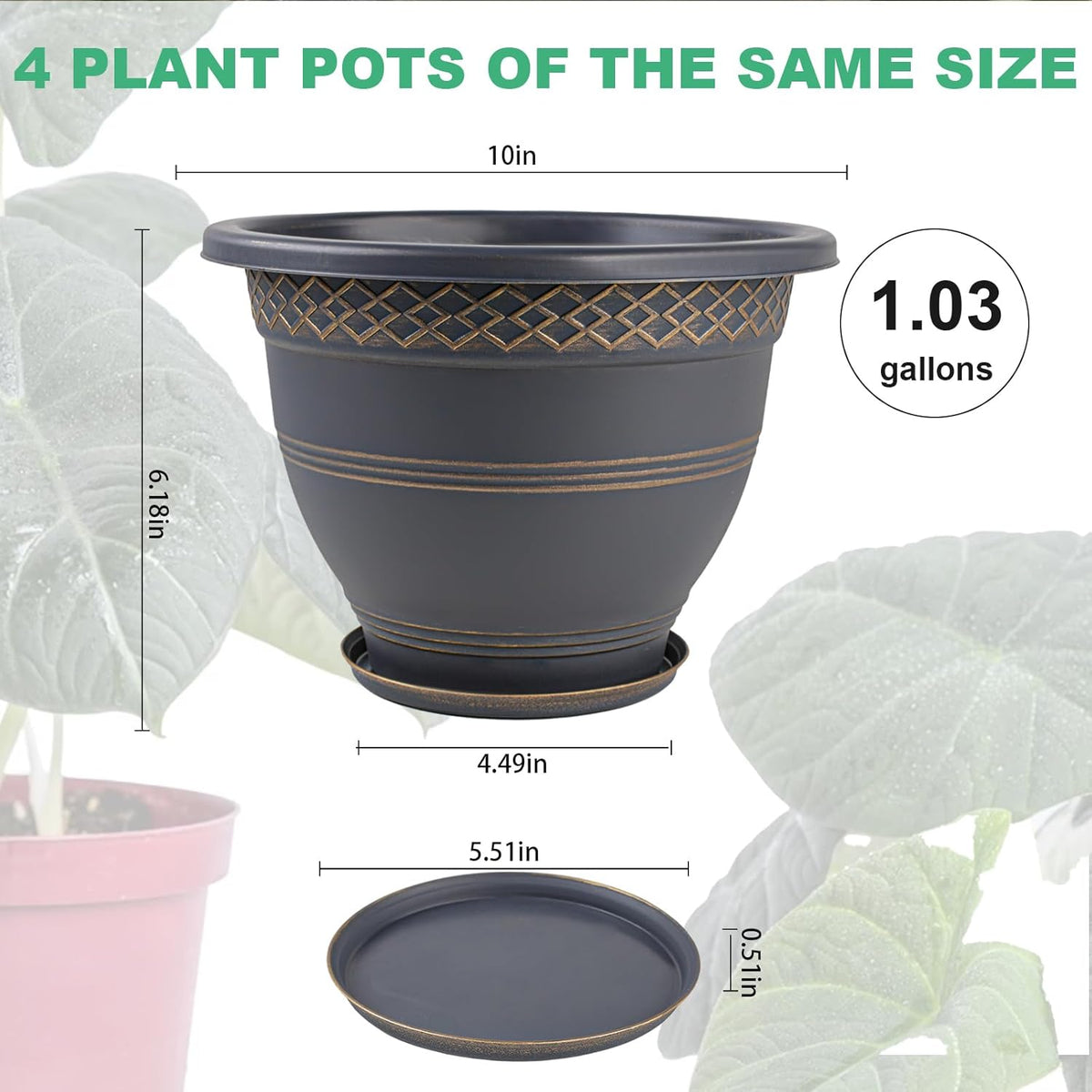 10 Inch 4 Pack Large Plant Pots, Plastic Flower Pot for Indoor & Outdoor with Drainage Holes &