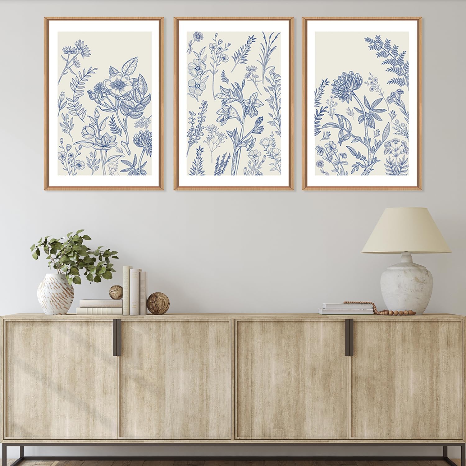 HPINUB Classic Chinoiserie Floral Framed Canvas Wall Art Set,Watercolor Blue and White Botanical