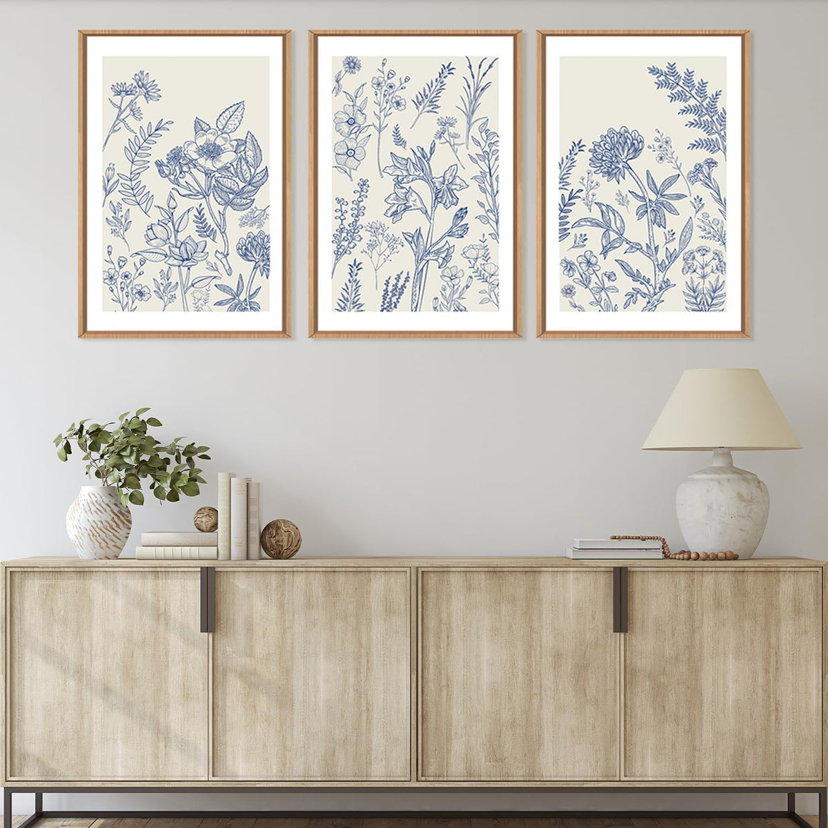 HPINUB Classic Chinoiserie Floral Framed Canvas Wall Art Set,Watercolor Blue and White Botanical
