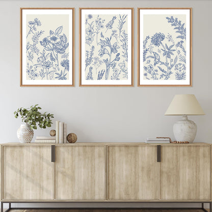 HPINUB Classic Chinoiserie Floral Framed Canvas Wall Art Set,Watercolor Blue and White Botanical