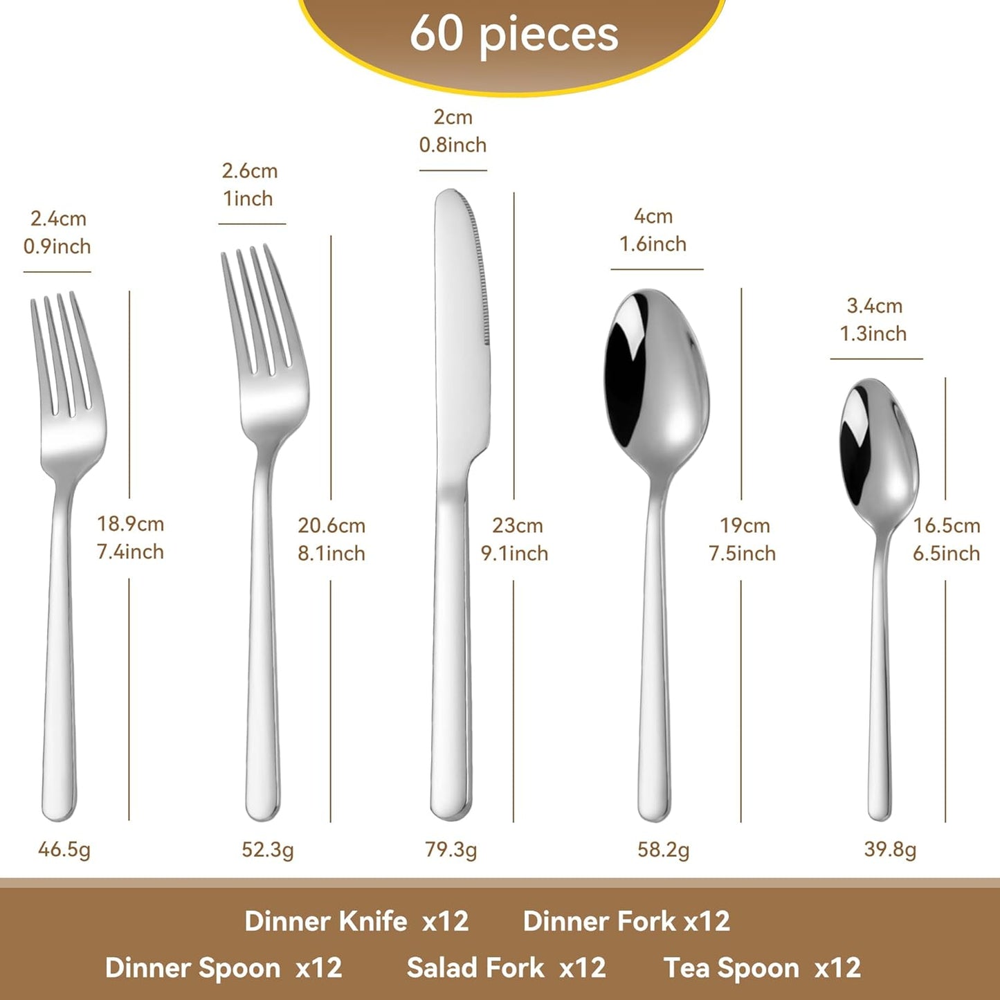 60 Piece Stainless Steel Silverware Set for 12, 18/10 Silverware Set, Flatware Set for 12, 18/10
