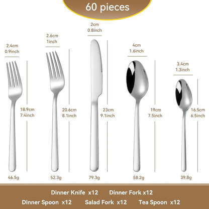 60 Piece Stainless Steel Silverware Set for 12, 18/10 Silverware Set, Flatware Set for 12, 18/10
