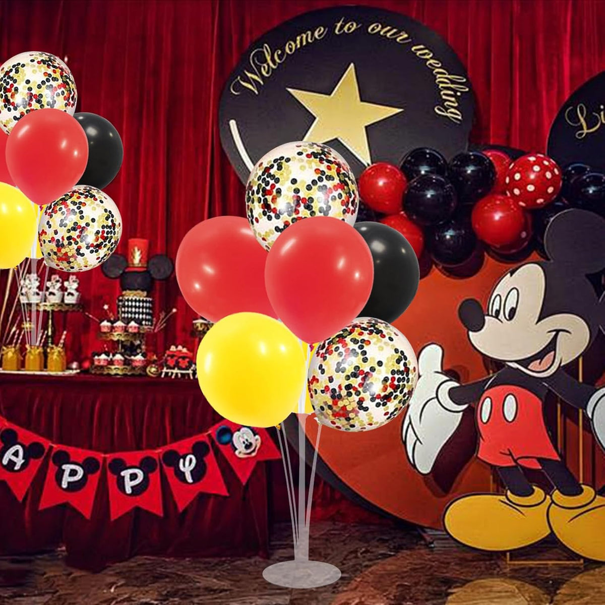 Red Yellow and Black Balloon Stand Centerpiece Table Decorations for Mouse Birthday Movie Night