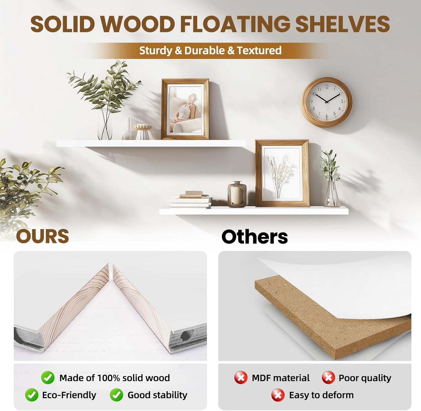 Floating Wall Shelves 2-Pack - 36-Inch Rustic White Wooden Shelves for Storage and Décor, Easy